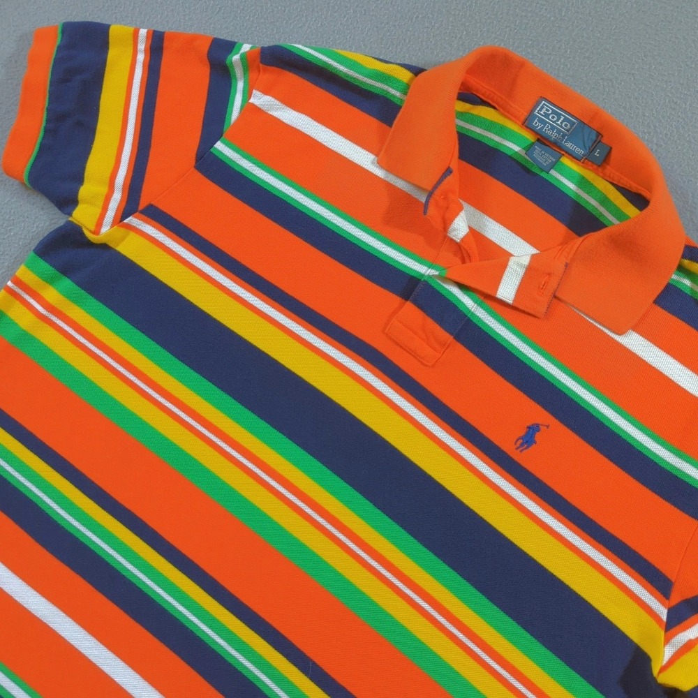 Polo Ralph Lauren Polo Shirt Mens Large Orange Multi Color Striped Vintage Y2K